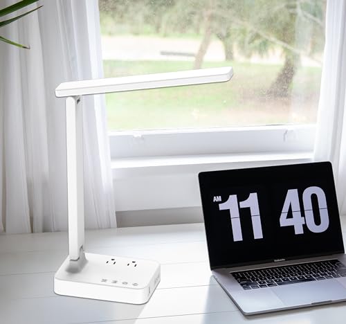Drevet LED Desk Lamp, Desk Light with 1 USB Charging Port and 2 AC Power Outlet, 3 Lighting Modes, 3 Level Brightness,1H Timer, Touch Control, Eye-Caring Home Office Foldable Table Lamp (White) - color: White
