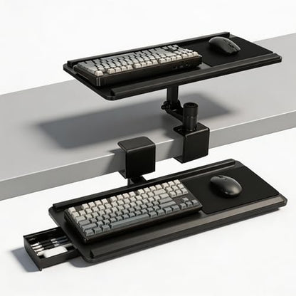 Adjustable Under Desk Keyboard Tray, 25"×10.6"360° Rotating Ergonomic Tray | Clamp On Keyboard and Mouse Tray with Drawer, Desk Mount Tray for Office Gaming Studying