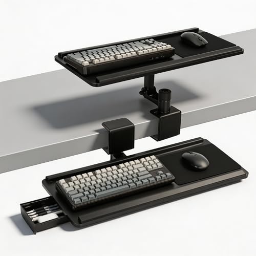 Adjustable Under Desk Keyboard Tray, 25"×10.6"360° Rotating Ergonomic Tray | Clamp On Keyboard and Mouse Tray with Drawer, Desk Mount Tray for Office Gaming Studying