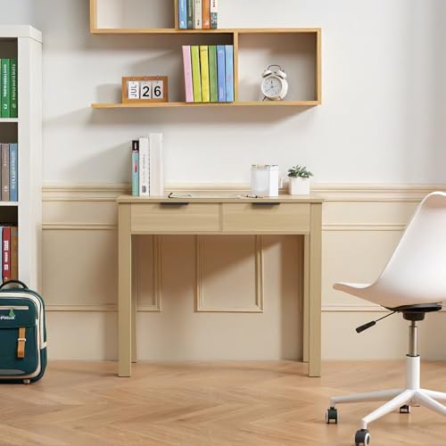 VEVOR Small Desk with Drawers, Wooden Table for Home Office, Small Computer Desk with Storage, Vanity Desk with Drawers, Study Table for Adults/Students for Drawing, Reading, Writing, Light Wood - size: 34.25"D x 15.55"W x 29.57"H