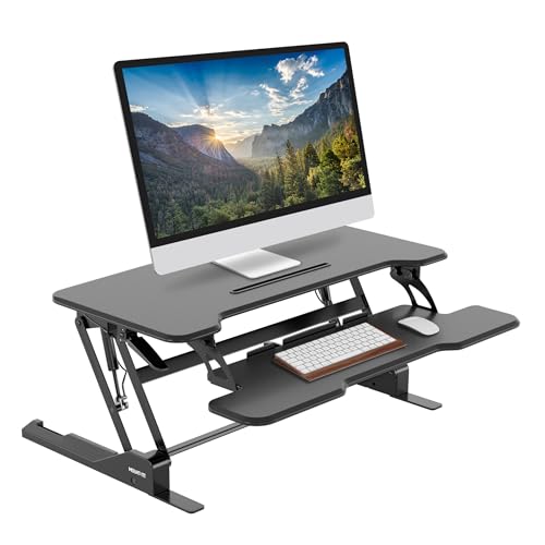 Mount-It! 38 Inch Standing Desk Converter - Gas Spring Sit Stand Desk Riser for Dual Monitors - Height Adjustable Desktop Workstation with Keyboard Tray - Black - color: Black, size: 38 Inches