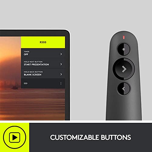 Logitech R500s Laser Presentation Remote Clicker with Dual Connectivity Bluetooth or USB for Powerpoint, Keynote, Google Slides, Wireless Presenter - Graphite (Renewed)
