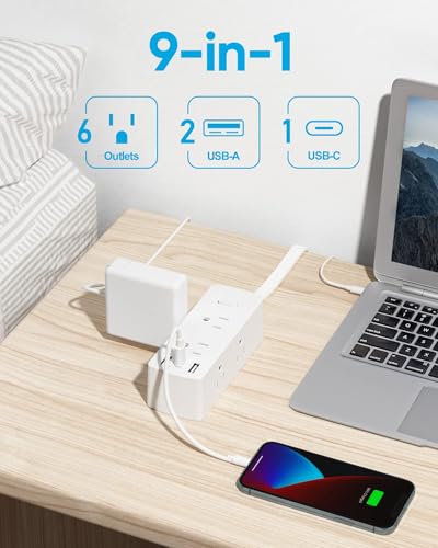 Flat Plug Power Strip with 5 FT Extension Cord, 6 Outlets 3 USB Ports(1 USB C), 3 Sided Outlet Extender for Home Office Travel Dorm Room Essentials, White