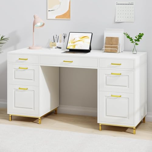 MaverickFurni 57" White and Gold Desk with 7 Drawers | Home Office Desk with 2 File Drawers, White Computer Desk with Specious Workspace for Work Writing Study - color: White