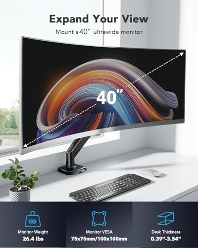 HUANUO Single Monitor Arm for 40 inch Screens, Ultrawide Computer Monitor Mount Steel Monitor Mount Reinforcement Plate for Thin, Glass and Other Fragile Tabletop