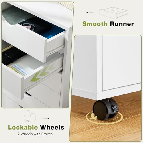 Sweetcrispy 5 Drawers Rolling Storage Cabinet, Mobile Wood Under Desk Drawer Organizer Chest with Wheels, Vertical Storage Unit for Home Office, Craft Room & Kitchen, White