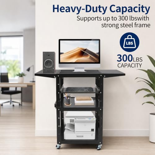 Mobile AV Cart with Power Outlet Adjustable Computer Workstation | Steel Rolling Media Utility Cart with Fold Side Shelves,Pullout Keyboard Tray,Locking Casters for Office Classroom Home - size: 24x18x41.75in