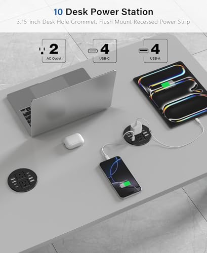 Jgstkcity 3.15 inch Desktop Power Grommet,40W USB Recessed Outlet | 2 Outlets,8 USB Ports,Flush Mount Desk Hole Round Power Outlet,Recessed Power Strip,6FT