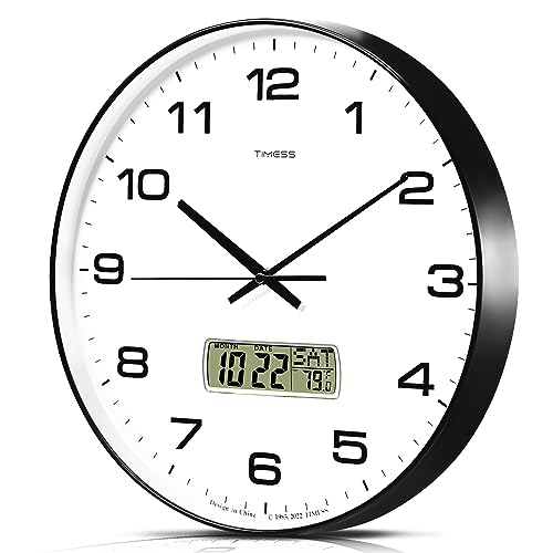 14-Inch Non-Ticking Analog Wall Clock with LCD Display, Black | Perpetual calendar, Fahrenheit temperature, easy-to-read analog dial, battery operated, ideal for bedroom, kitchen, or office - color: Black, size: 14 Inch