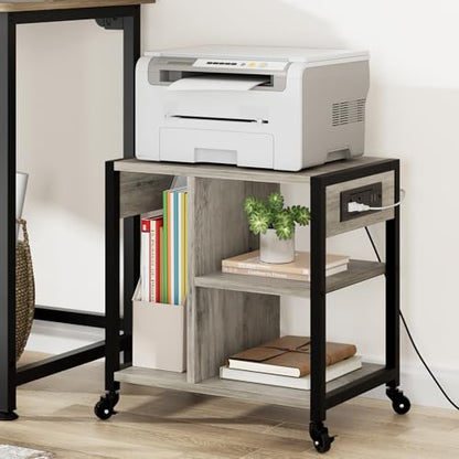 Garvee 3-Tier Printer Stand, Rolling Under Desk Printer Cart with Lockable Wheels, Industrial Mobile Printer Table with Power Outlets, USB Ports & Paper Storage Shelf for Home, Office, Retro Gray - color: Retro Gray