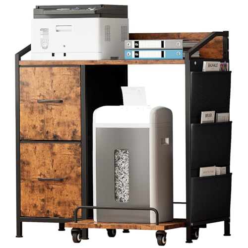 Printer Stand with Fabric Drawers, Lateral Office Filing Cabinets with Power outlets & USB Charging Port, File Cabinet with Large Printer Stands for Home Office, Shredder Stand (Rustic Brown) - color: Rustic Brown