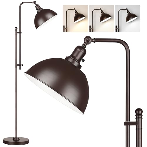 PARTPHONER Industrial Floor Lamp Adjustable, Rustic Farmhouse Reading Lamp in Aged Brown Finish Modern Standing Lamp with Remote Control Metal Shade for Living Room Bedroom Study Room Office Hotel - color: Brown