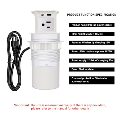 7-in-1 Pop Up Outlet with 15W Wireless Charger,3.86 inch Hole; 4 Outlets 1875W Overload Protection, USB-A,USB C Ports PD 20W,6.5FT 16AWG Cable UL Testing for Office Home-White - color: Super charging - White