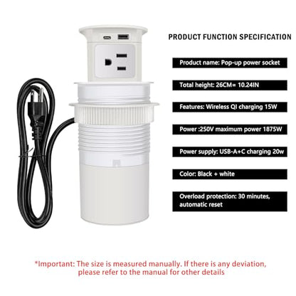 7-in-1 Pop Up Outlet with 15W Wireless Charger,3.86 inch Hole; 4 Outlets 1875W Overload Protection, USB-A,USB C Ports PD 20W,6.5FT 16AWG Cable UL Testing for Office Home-White - color: Super charging - White