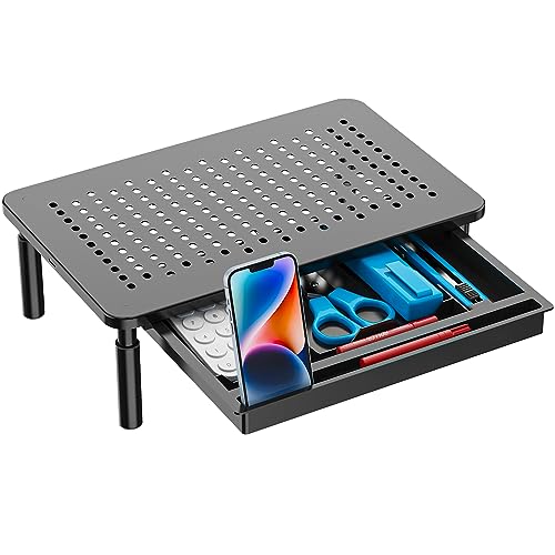 WALI Computer Monitor Stand with Storage, Desk Monitor Riser 3 Height Adjustable, Laptop Riser with Airflow Vents, Desk Organizer for Computer, Laptop, Printer, Notebook (STT003D-B), 1 Pack, Black | 3 Height Adjustable Laptop Monitor Riser with Airflow Ve