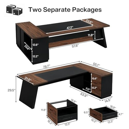 Tribesigns 78" L-Shaped Executive Desk, Large Office Desk with Drawers and File Cabinet, Modern Business Furniture for Home Office (Walnut & Black) - color: Walnut & Black