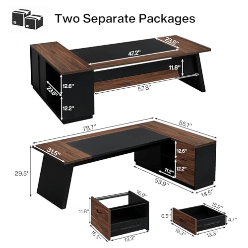 Tribesigns L-Shaped Executive Desk, 78-Inch Large Office Desk with Drawers and Lateral File Cabinet, Modern Business Furniture with Storage Shelves, Workstation for Home Office (Walnut + Black) - color: Walnut + Black