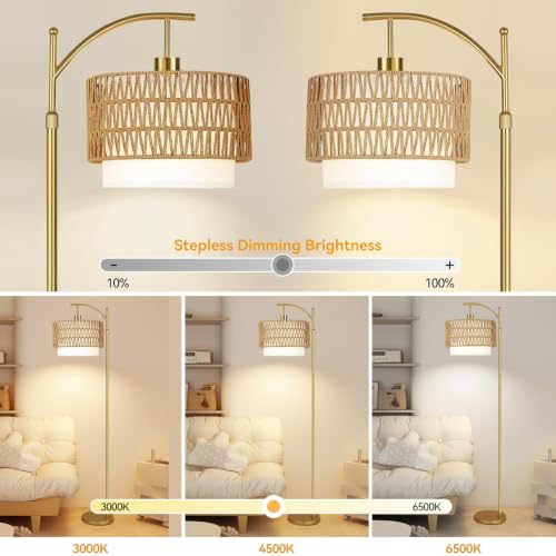 Gold Floor Lamps for Living Room Rattan Boho Floor Lamp with Remote Control & 3 Color Temperature, Dimmable Arc Floor Lamps Wicker Lamp Shades Brass Standing Lamp Tall Floor Lamp For Bedroom Corner - color: gold-boho-circular column, size: 12 inch