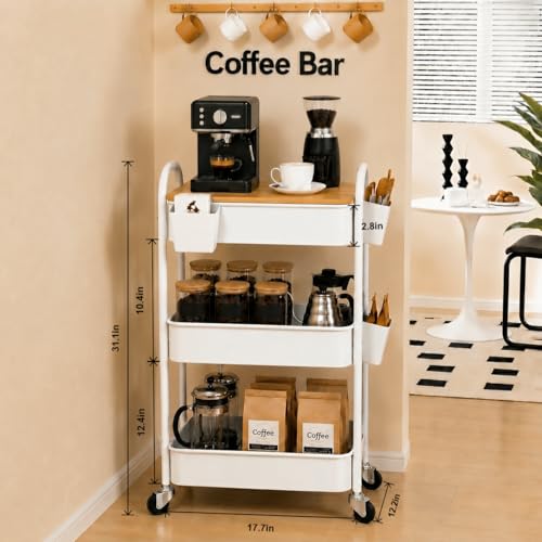 3 Tier White Metal Heavy Duty Rolling Cart with Wheels and Wooden Table Top | Three-Tiered Storage Organizer Utility Cart for Art, Craft, Baby, Diaper Caddy, Coffee, Kitchen, Cleaning, Office Supplies - color: White