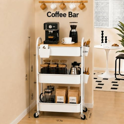 3 Tier White Metal Heavy Duty Rolling Cart with Wheels and Wooden Table Top | Three-Tiered Storage Organizer Utility Cart for Art, Craft, Baby, Diaper Caddy, Coffee, Kitchen, Cleaning, Office Supplies - color: White