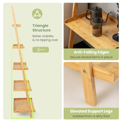 Tangkula 5-Tier Ladder Shelf Bookcase, Bamboo 72”H Wall-Leaning Bookshelf with Baffles and Anti-Tipping Kits, Plant Stand for Living Room Bathroom Home Office Decor, Ladder Bookshelf, Natural - size: 26" x 14.5" x 72" (L x W x H)