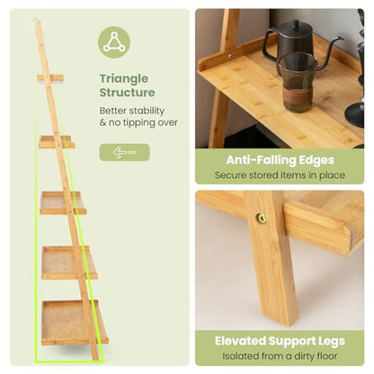 Tangkula 5-Tier Ladder Shelf Bookcase, Bamboo 72”H Wall-Leaning Bookshelf with Baffles and Anti-Tipping Kits, Plant Stand for Living Room Bathroom Home Office Decor, Ladder Bookshelf, Natural - size: 26" x 14.5" x 72" (L x W x H)