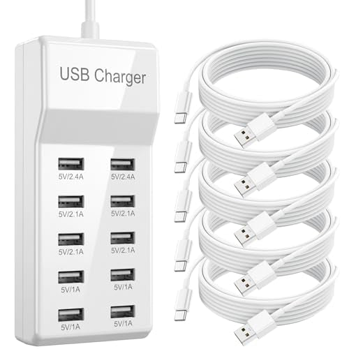 10-Port USB Charging Station, 50W 10A Desktop Charger with 5 A-to-C Cables
