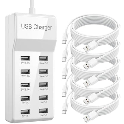 10-Port USB Charging Station, 50W 10A Desktop Charger with 5 A-to-C Cables