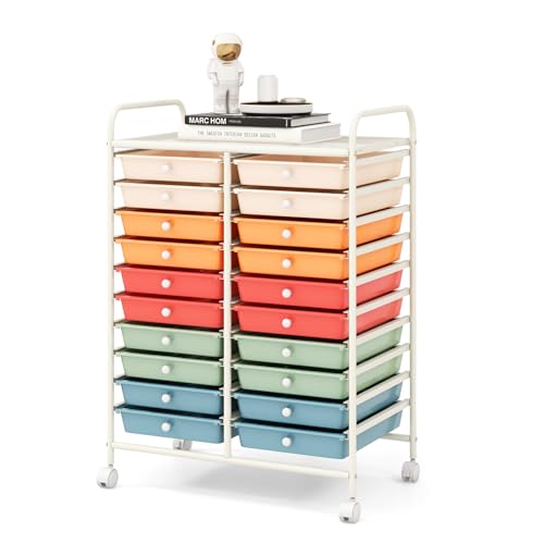 RELAX4LIFE 20 Drawer Rolling Storage Cart, Mobile Rolling Cart w/Drawers for School Classroom Teacher Office Home Salon, Paper File Art Supply Craft Organizer, Utility Cart on Wheels (Macaron) - color: Macaron, size: 35''