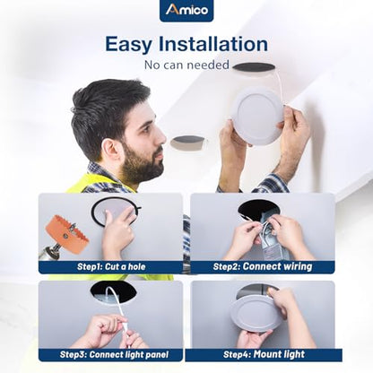 Amico 12 Pack 8 Inch LED Recessed Lighting, Canless Wafer Downlight, White | 5CCT 2700K-5000K, 5%-100% Dimmable, Ultra-thin, Metal housing, 1600LM 18W 120V, IC & Damp Rated, ETL & FCC, 50000h Life Span - color: White, size: 8 Inch