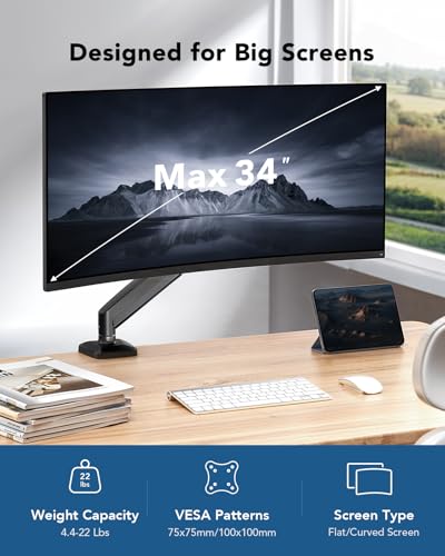 HUANUO Single Monitor Mount, Adjustable Monitor Arm for 13–34 Inch Screen Up to 22lbs, C-Clamp & Grommet Base, Ergonomic Stand for Work and Gaming, VESA 75x75mm or 100x100mm