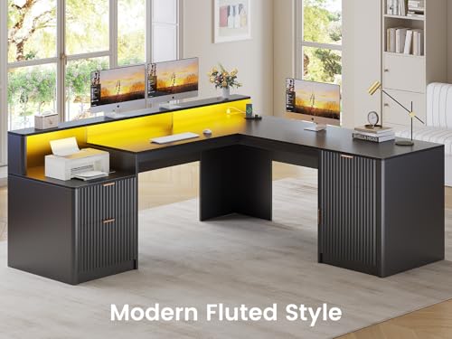 SEDETA 66" Modern L Shaped Desk with Drawers, Fluted Home Office Desk with File Cabinet & Printer Shelf, Wood Executive Desk with Monitor Stand, Power Outlets, Led Lights, Black - color: Black, size: L Shaped Desk