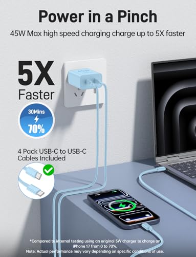 45W iPhone 17 16 15 Charger Fast Charging, 2 Pack Dual Port USB C Charger - color: Blue, size: 2pack-(3+6+6+10)ft