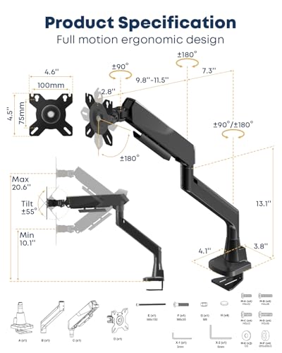 Ultrawide Monitor Arm fits 17-49 Inch Heavy Duty Flat/Curved Monitor | Cable Management, Full Motion, Gas Spring Arm, Holds 35.2 lbs with Clamp & Grommet Desk Mount, VESA 75/100mm, Black - size: Single Arm 17-49 Inch