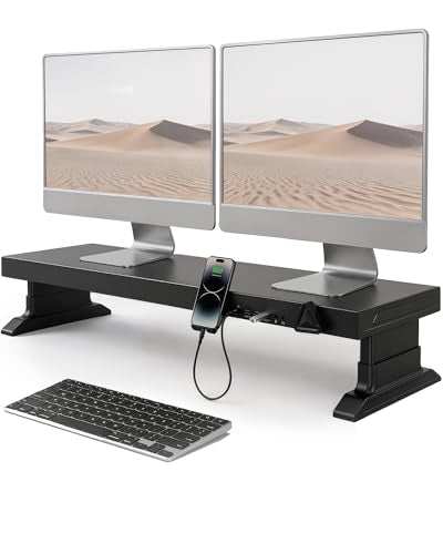 Height Adjustable Dual Monitor Stand Riser with 6-Port USB Hub, Black | Fits Dual 27" Monitors, Charge & Sync Multiple Devices, Ergonomic Height, Solid Steel Material, Cable Management, Quick Setup