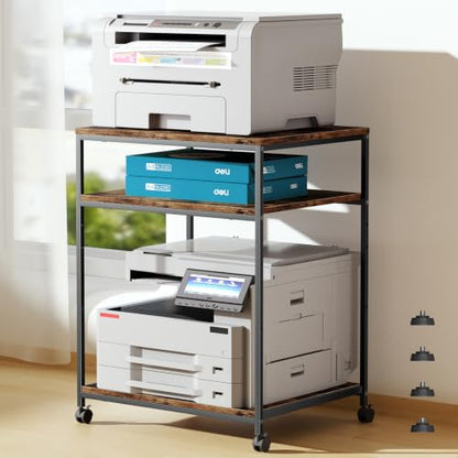 Large Printer Table with Storage, 3 Tier Printer Stand for Home Office, Rolling Printer Cart with Wheels, for Shredder Scanner Fax (Brown) - color: Brown