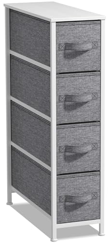 Sorbus Narrow Dresser with 4 Drawers - Vertical Slim Storage Chest of Drawers with Steel Frame, Wood Top & Easy Pull Fabric Bins for Small Spaces, Closets, Bedroom, Bathroom & Laundry (White/Gray) - color: White/Gray, style: 4 Drawer
