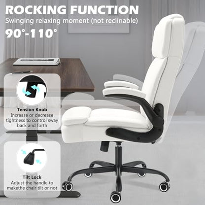 450 LBS Big and Tall Executive Office Chair with Flip up Arm, Heavy Duty Leather Computer Desk Chair,Comfortable High Back Swivel Home Office Chair with Rolling for Adults (White) - color: White
