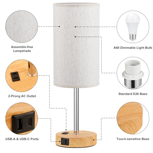 Fenmzee Touch Table Lamp - Cream, 3-Way Dimmable, USB A + C Charging, AC Outlet, 17.4inch Medium, Wood Grain Base - color: Cream Shade-Wood Base, size: 17.4" Touch Control
