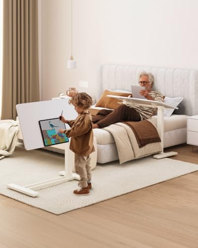 FLEXISPOT H7 PRO 90° Tiltable Mobile Overbed Table with Pneumatic Lift,32'' | Full foldable bedside table with adjustable desktop for laptop, Rolling Computer Cart and bed sofa.31.5" W x 17.7" D,White - color: White, size: 32x18
