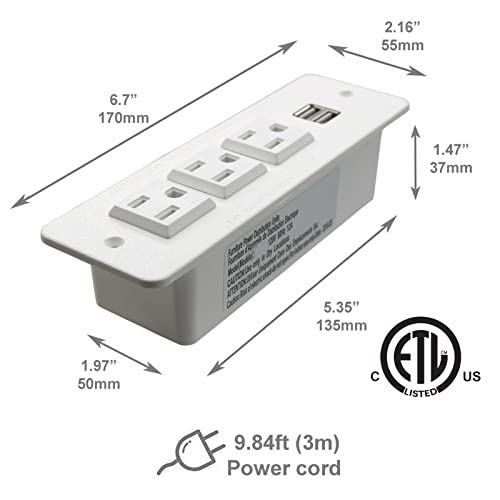 Conference Recessed Power Strip with USB Mountable Power Outlet Built in Desktop Workbench Drawer Cabinet 10'ft Heavy Duty Power Cord White - color: White, size: USB-A