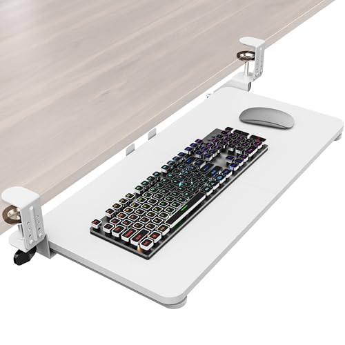 Ergonomic Keyboard Tray Under Desk, 25.6x11.8 Inch Board, White | Heavy Duty Keyboard Drawer, Adjustable Height C-Clamp, Slide-Out Platform, Desk Accessories for Typing, 31.5" Including Clamp - color: White, size: Large