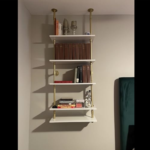 5 Shelf Modern Gold Bookshelf, Wall Mount White Bookcase, Ladder Shelf with Metal Frame, Display Shelf Shelves for Living Room/Home/Office - color: Gold, size: 5 tier