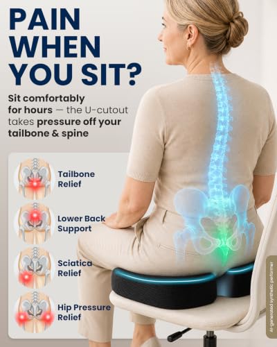 5 STARS UNITED Seat Cushion - Memory Foam Chair Cushion for Tailbone Pain Relief - Ergonomic Support for Coccyx, Sciatica & Butt - Office, Desk & Gaming Chair, Car Seat, Wheelchair, Airplane, Black - color: Black, size: Large