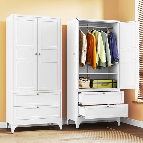 SISESOL Metal Wardrobe Cabinet with Drawer and Hanging Rod,Armoire Wardrobe Closet with Doors,White Metal Clothing Storage Cabinet with Adjustable Shelves,Armoire Storage Cabinets for Home,Bedroom - color: White, size: 72"H with 2 Drawers