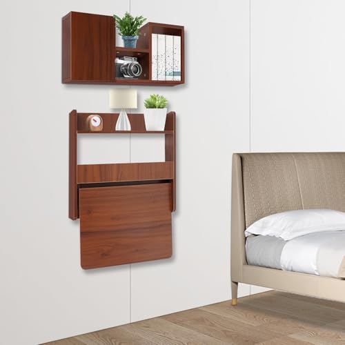 Floating Desk, 36’’H Wall Mounted Desk, Solid Wood Fold Down Laptop Desk with Foldable Tabletop, Folding Table Workstation with Storage Shelves&Door(Walnut)