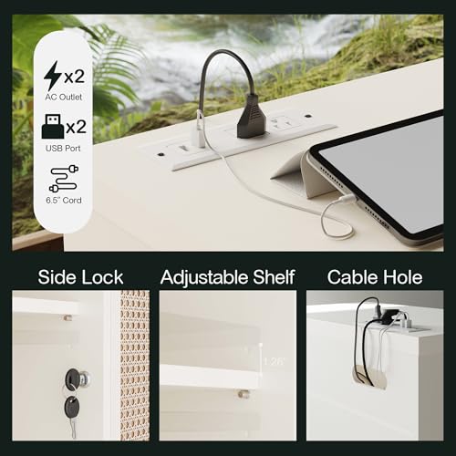 2 Drawers Storage File Cabinet with Lock & Outlet, 31.5W*29.4H | Wood Filing Cabinet for Home Office with Storage Shelves, Printer Stand & Credenza, Fits A4/Letter Size, AC/USB, White Rattan