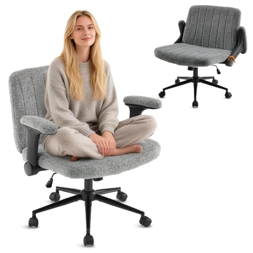 VINGLI Criss Cross Chair with Adjustable Flip-Up Arms,Cross Legged Chair with Wheels, Extra Wide Office Chair,Cozy Desk Chair for Home Office, Vanity, Apartment,Chenille Velvet,Grey - color: Grey