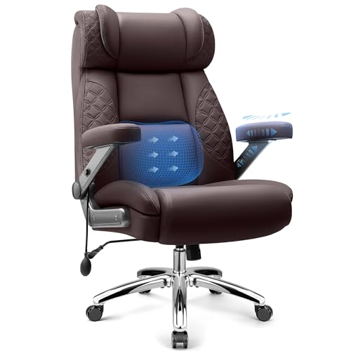 Big and Tall Office Chair for Heavy People, 500LBS Wide Seat Computer Desk Chair, Extra Large Executive Gaming Chair with Adjustable Lumbar Support and 5D Flip Arms, Comfy Heavy Duty Office Chair - color: Coffee