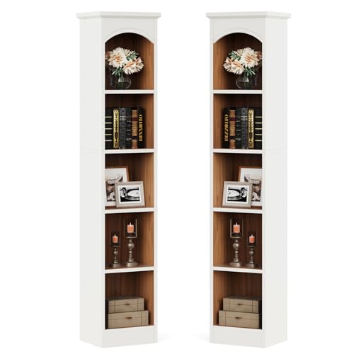 Tribesigns 70.9-Inch Tall Narrow Bookcase Set of 2, 5-Tier Cube Bookshelf with Storage, Modern Slim Corner Display Shelves for Home Office, Living Room, White & Oak - color: White&oak